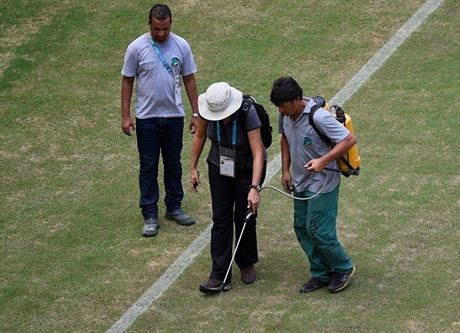 Správci hit v Manausu pipravují trávník nad zápas Anglian s Italy....