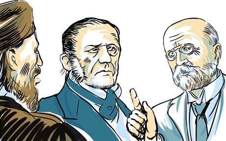 Zleva Jan Hus, František Palacký, Tomáš Garrigue Masaryk.