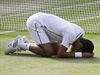 Novak Djokovi po promnném mebolu klekl na kolena a ochutnal wimbledonskou...