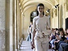 A model presents a creation by French designer Bouchra Jarrar as part of her...