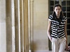 A model presents a creation by French designer Bouchra Jarrar as part of her...
