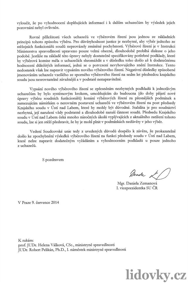 Dopis Soudcovské unie ministryni spravedlnosti Han Válkové a jejímu námstkovi...
