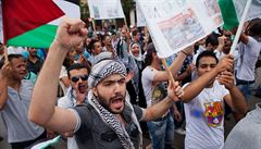 Demonstranté vyk�ikují hesla na st�ede�ní propalestinské demonstraci v Sofii, v...