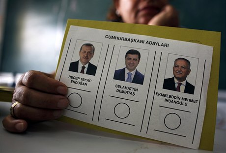 Volební lístek a ti kandidáti na prezidenta: Erdogan, Demirtas and Ishanoglu.