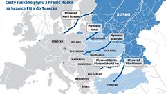 Cesty ruského plynu z hranic Ruska na hranice EU a do Turecka.
