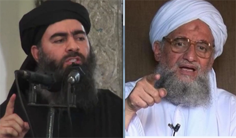 Kdo s koho? Islámský stát (na snímku vlevo Abú Bakr Bagdádí) a al-Káida (vpravo...
