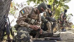 Cvi�ení ukrajinského dobrovolnického batalionu �achtarsk u p�ístavu Mariupol.