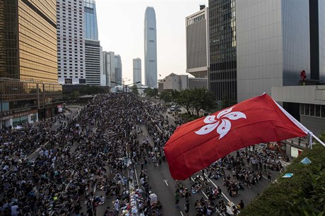 Hongkongská vlajka vlaje nad zástupy demonstrant.