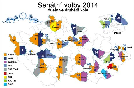 Senátní volby 2014 - mapa - ped druhým kolem