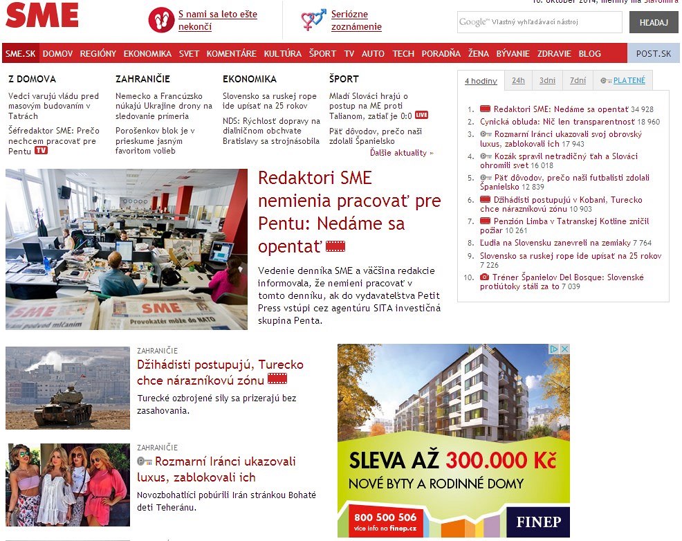 Jestli nás koupí Penta, dáme výpov��, hrozí noviná�i slovenského listu Sme.