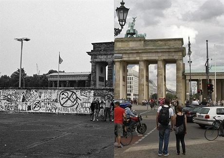 Braniborská brána a berlínská zeď v roce 1989 a nyní.