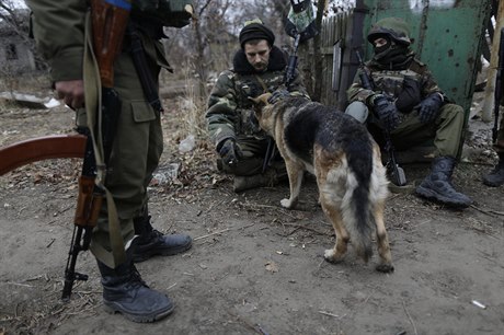 Chvíle oddechu. Ukrajinští dobrovolníci se psem u vesnice Peski poblíž Doněcka.