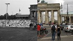 Braniborská brána a berlínská zeď v roce 1989 a nyní.