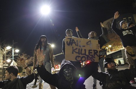 Demonstranti s plakátem (voln peloeno) vzení pro policistu - vraha