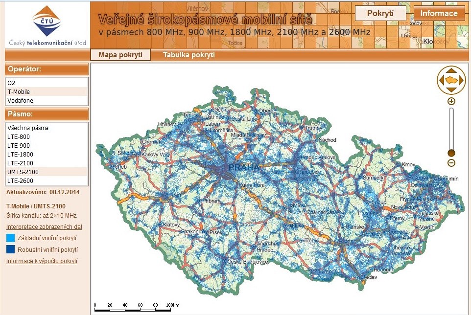 Mapa pokrytí �eska 3G a LTE sítí spole�nosti T-Mobile.