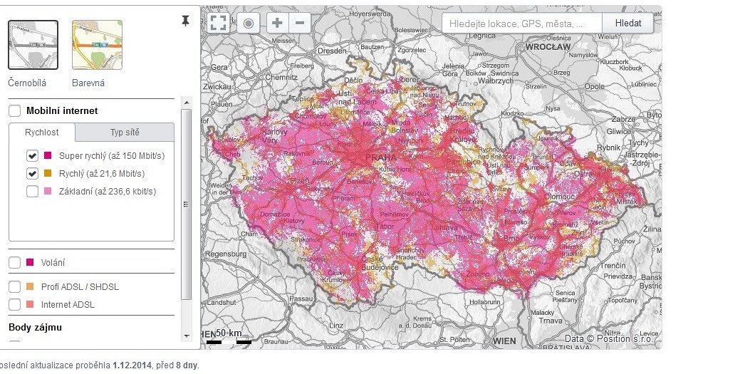 Mapa pokrytí 3G a LTE sítí u spole�nosti T-Mobile. Verze operátora.