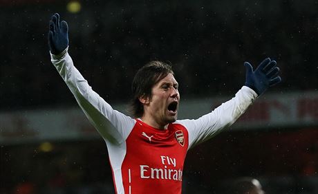 Tomá Rosický slaví gól v dresu Arsenalu.