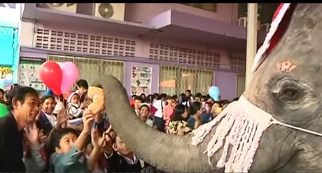 Ve kole v Thajsku pinesli dárky dtem sloni