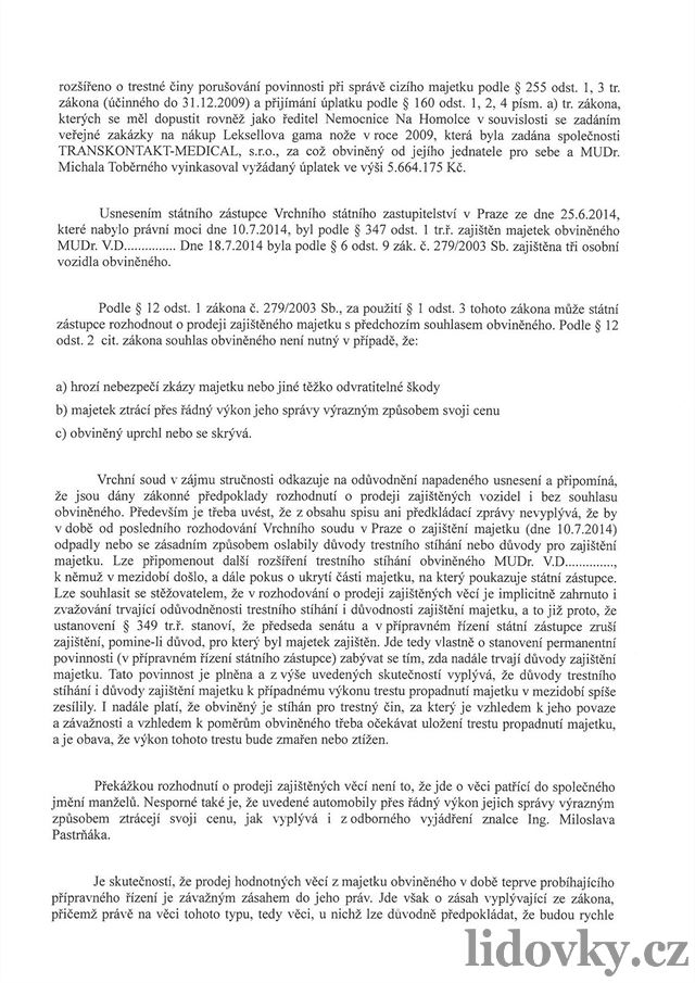 Usnesení o zamítnutí stínosti Vladimíra Dbalého proti prodeji aut.