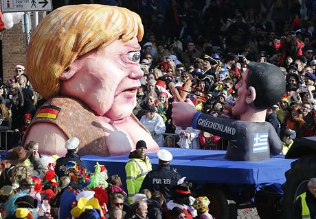 Angela Merkelová zobrazena jako kyklop a řecký premiét Tsipras útočící prakem