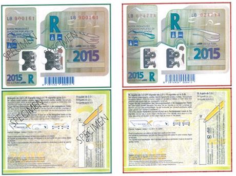 Falená a originální dálniní známka pro rok 2015 týkající se vozidel do 3,5...