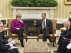 Angela Merkelová a Barack Obama jednají v Bílém dom o ukrajinské krizi.