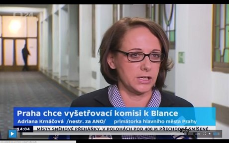 Adriana Krnáová pi svém projevu k vyetovací komisi tunelu Blanka.