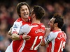 Tomá� Rosický slaví se spoluhrá�i z Arsenalu sv�j gól proti Evertonu.