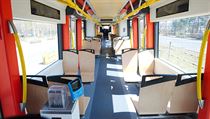 Interiér tramvaje 27T, která je produktem spolupráce mezi Škodou Transportation...