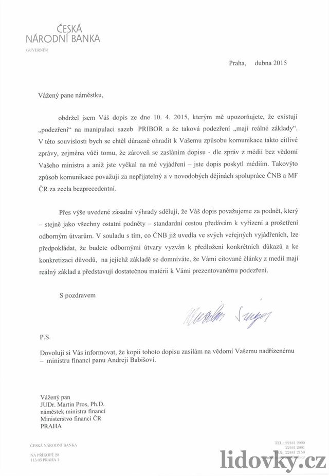 Dopis guvernéra Miroslava Singera námstku ministra financí Martinu Prosovi.