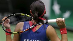 France's Caroline Garcia reacts during their semi-final match of the Fed Cup...