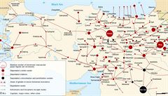 Mapa arménské genocidy v roce 1915. Barevné kruhy oznaují místa masakr,...