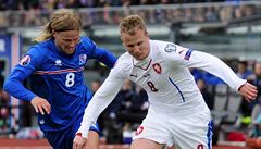 Islandský fotbalista Birkir Bjarnason (vlevo) stíhá eského záloníka Davida...