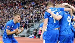 Islanan Sigthorsson slaví se spoluhrái gól v síti Petra echa.