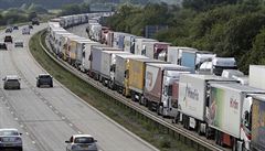 Kolona ekajících kamion na britské stran tunelu.