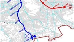 Plán metra D. Tmav modrá barva znaí první plánovaný úsek mezi stanicemi...