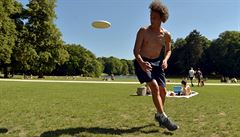 Nehled na vedro, hrají mladíci v Belgii frisbee.