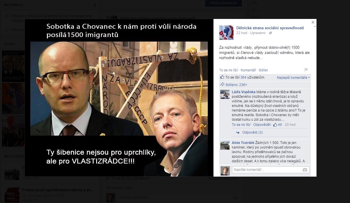 �ibenice jsou pro vlastizrádce, tvrdí D�lnická strana na Facebooku.