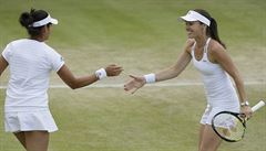 Sania Mirzaová (vlevo) a Martina Hingisová slaví bhem wimbledonské tyhry.