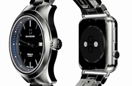 Klasické hodinky a Apple Watch na jednom emínku.