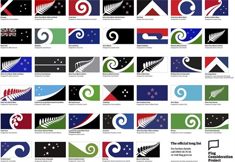 Vybrané návrhy na novou vlajku Nového Zélandu, rozhodne referendum.
