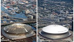 Poniený Superdome v New Orleans v roce 2005 a 2015.