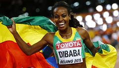 tiopanka Genzebe Dibabaová se raduje ze zlata na 1500 metrech.