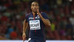 Evropský olík v souti sprinter - Jimmy Vicaut z Francie. I s bandáí na...