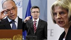 Unijní ministi vnitra. Zleva: Bernard Cazeneuve (Francie), Thomas de Maiziere...