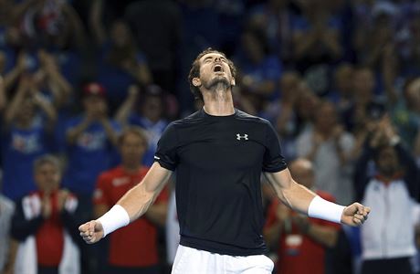 Andy Murray slav svou daviscupovou vhru nad Bernardem Tomicem z Austrlie.