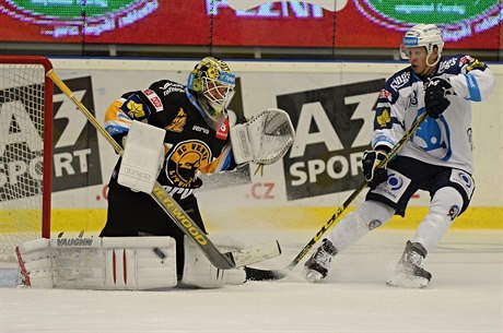 Zleva branká Litvínova Jaroslav Janus a Jan Schleiss z Plzn.