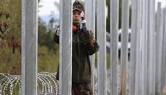 Ostnatý drát a železné sloupy. Maďarští vojáci staví plot na hranicích s...
