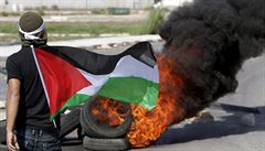 Demonstrant s palestinskou vlajkou.