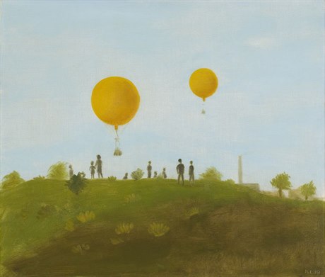 Kamil Lhoták: Dva balony nad Bohdalcem (1939). Olej na plátně, 60,5 x 70,5 cm...